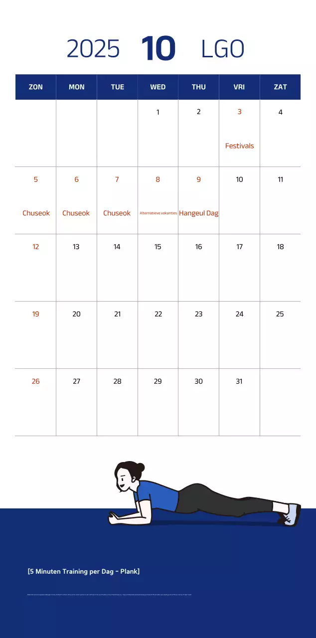 Eenvoudige kalender met blauwe, strakke illustraties