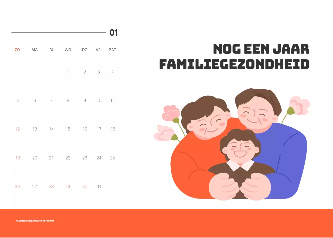 Een feestelijk ziekenhuis met illustraties met gezondheids- en gezinsthema's en kleurrijke accenten
