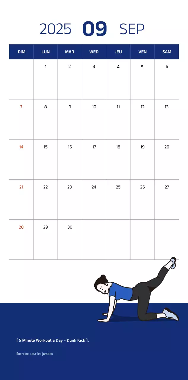 Calendrier simple avec des illustrations bleues et épurées