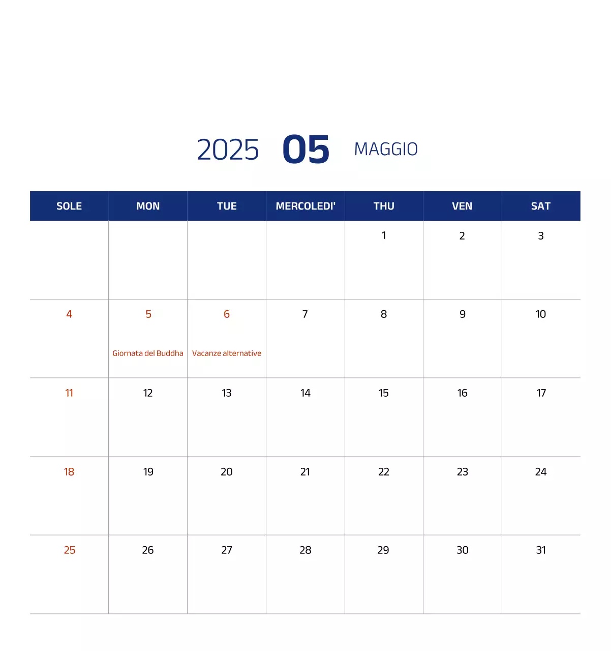 Calendario semplice con illustrazioni blu e pulite