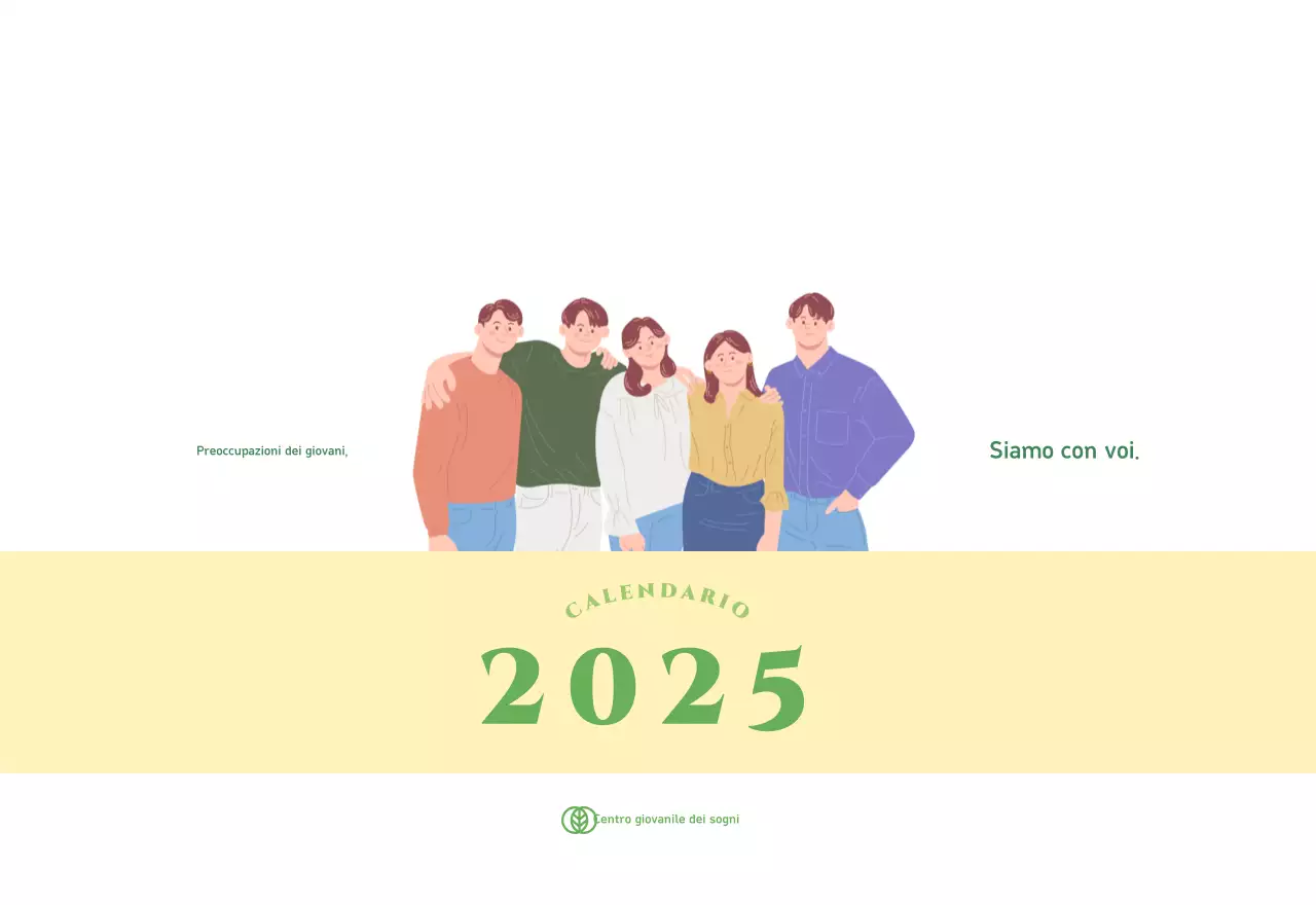 Calendario con illustrazioni giovanili su sfondo giallo-verde