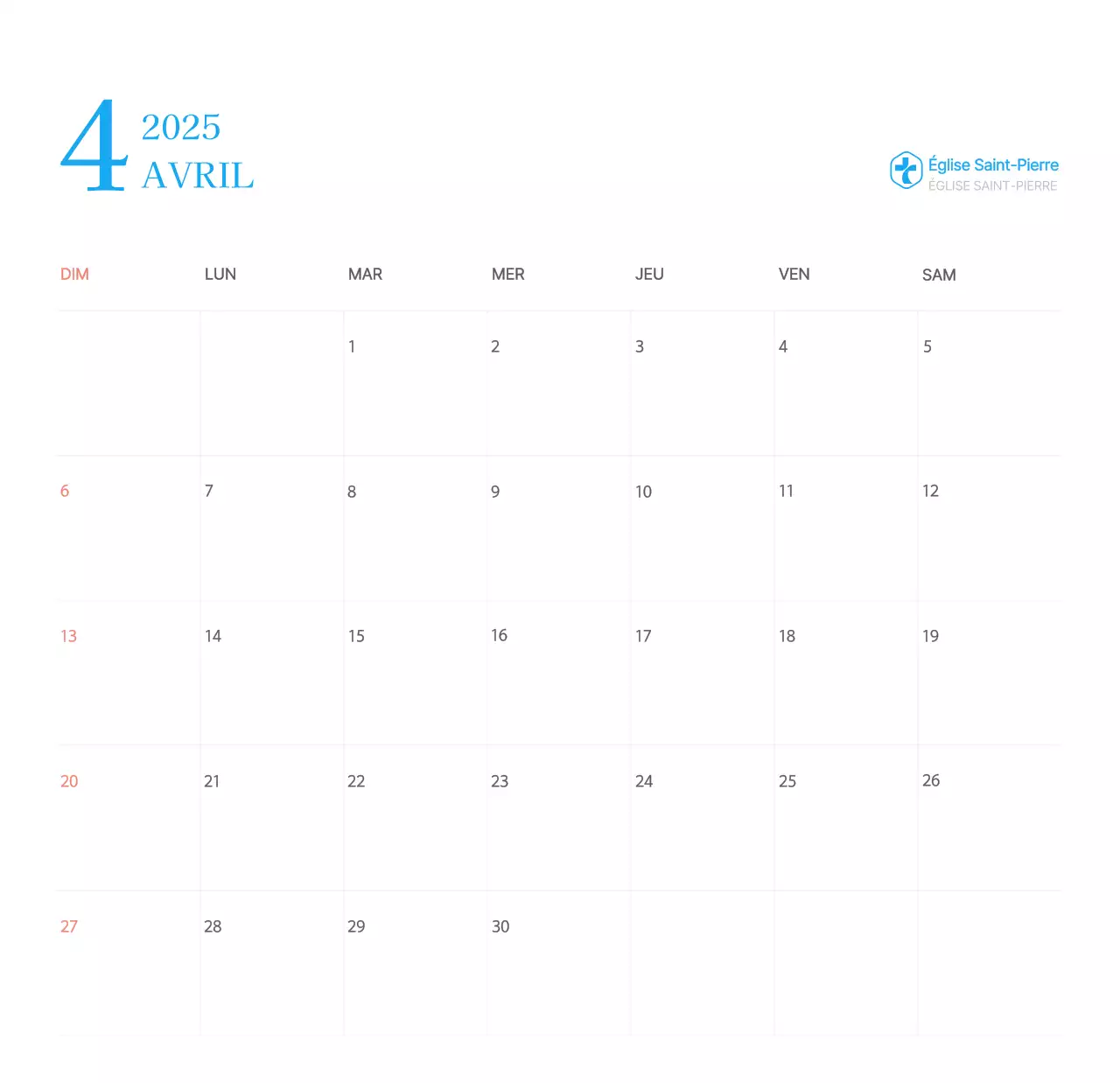 Calendrier d'église moderne bleu