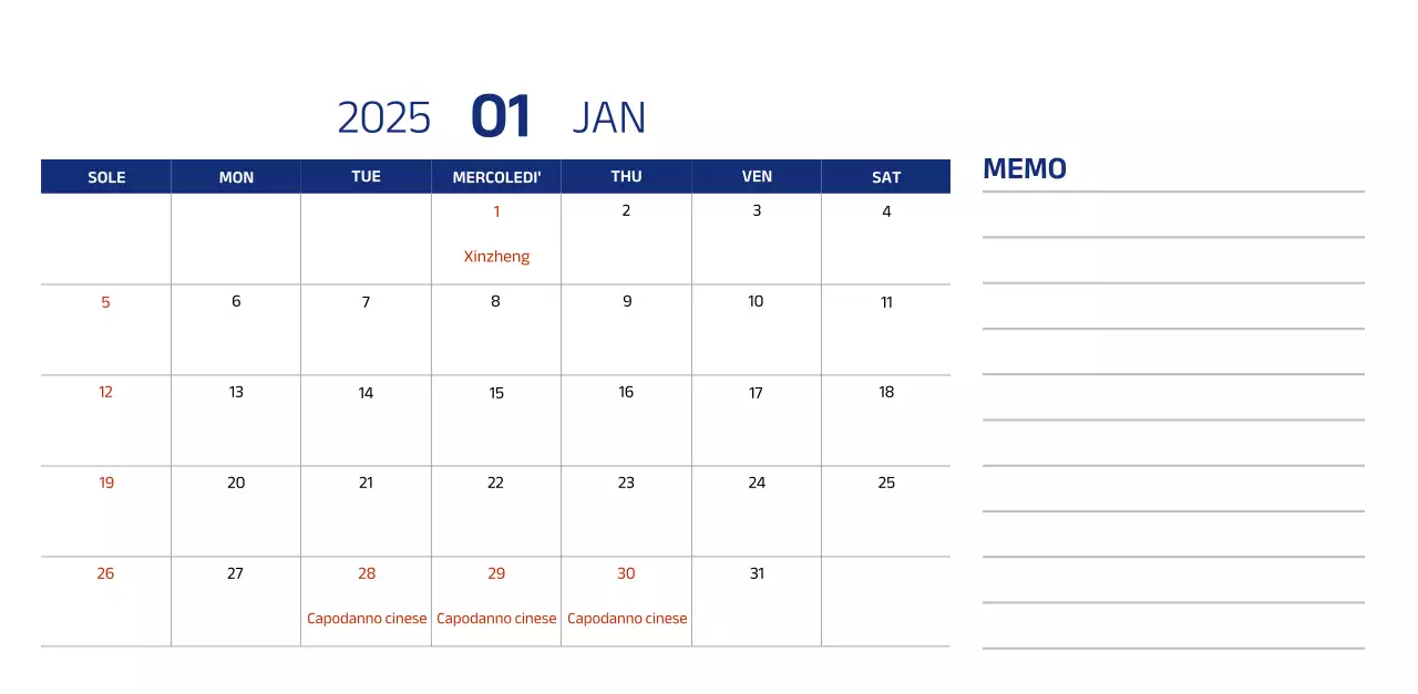 Calendario semplice con illustrazioni blu e pulite