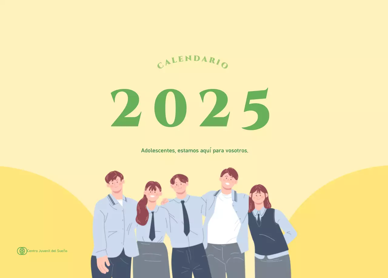 Calendario con ilustraciones juveniles sobre fondo amarillo verdoso
