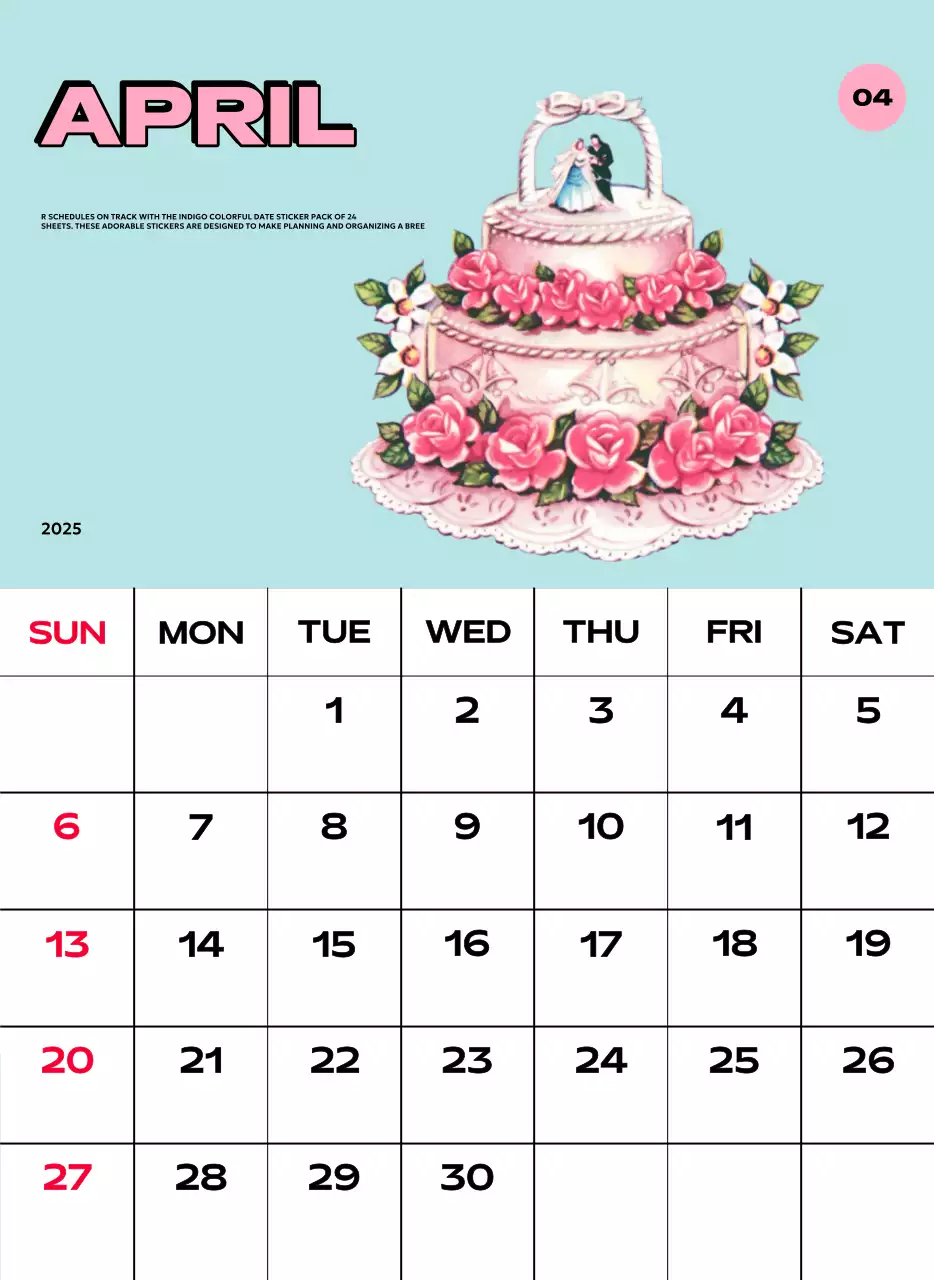 Kalender penuh warna dengan berbagai ilustrasi retro