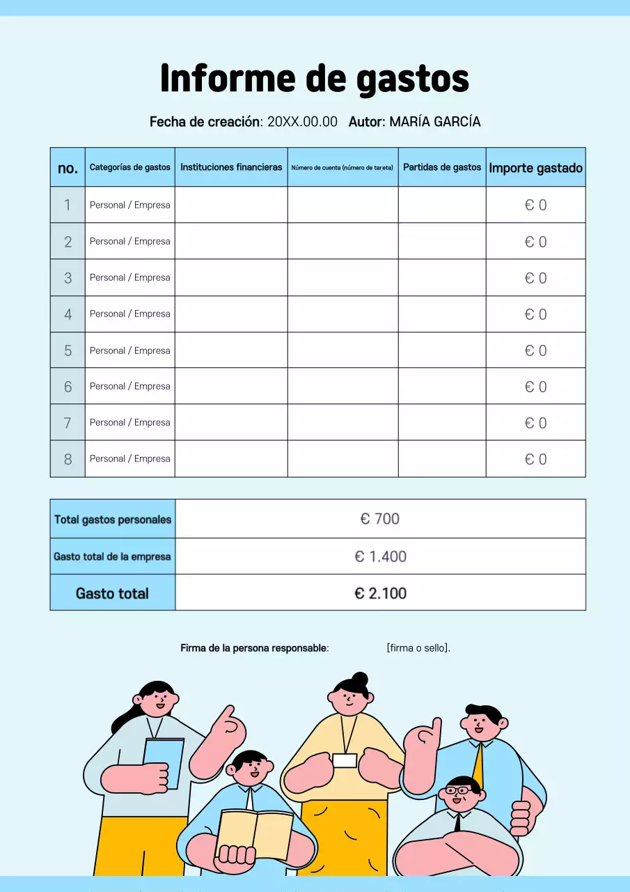 Análisis de un simple informe de gastos de color azul claro