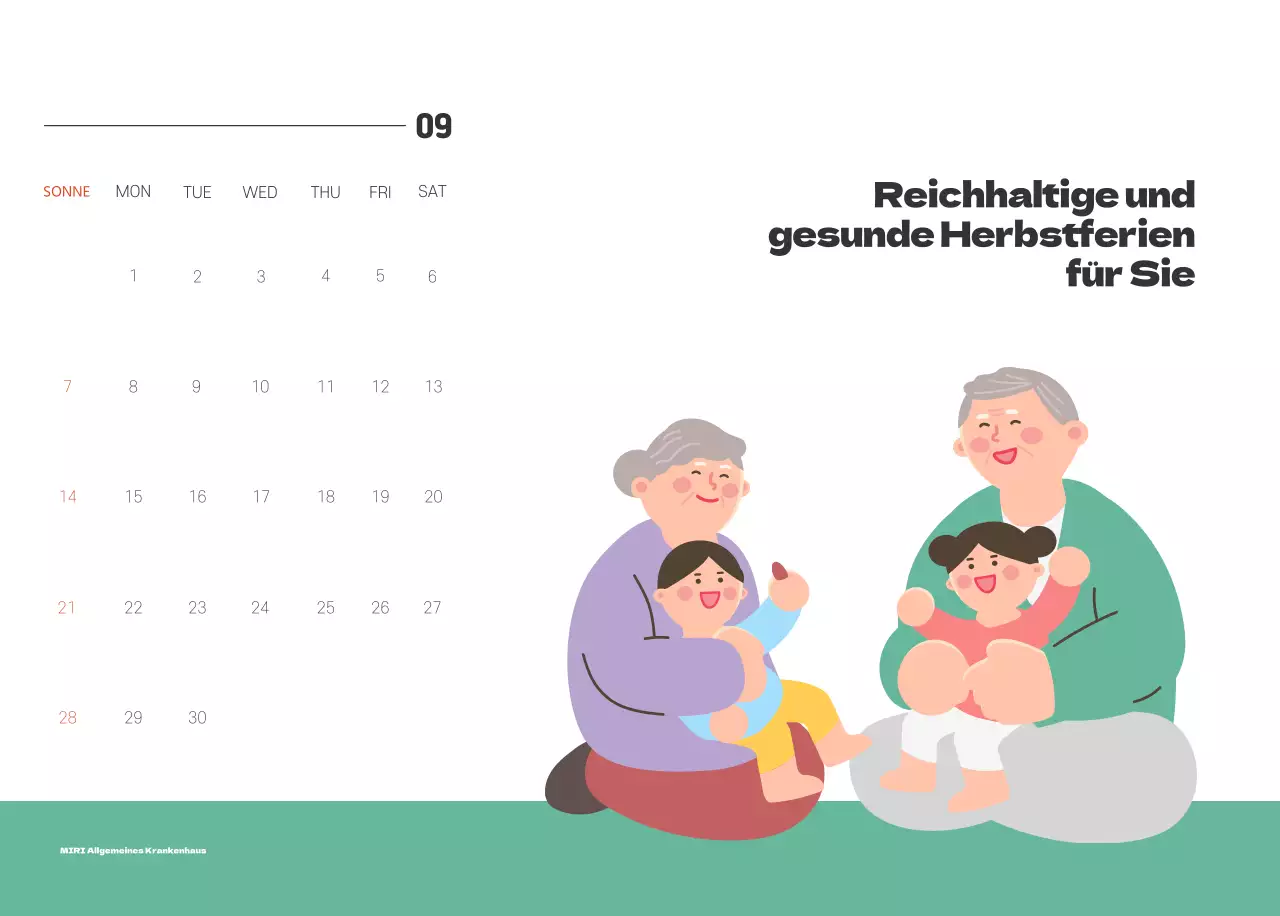 Ein festliches Krankenhaus mit Illustrationen zum Thema Gesundheit und Familie und farbenfrohen Akzenten