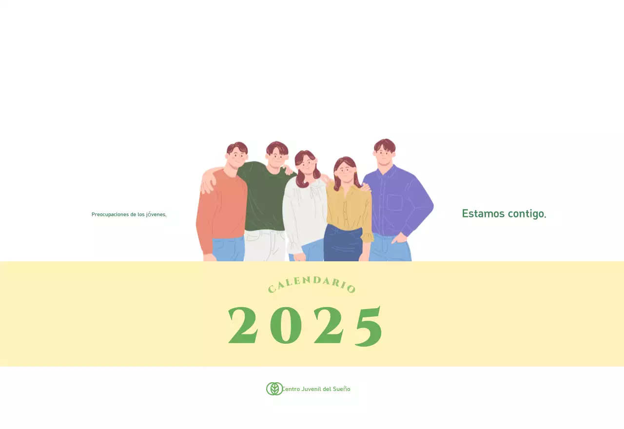 Calendario con ilustraciones juveniles sobre fondo amarillo verdoso