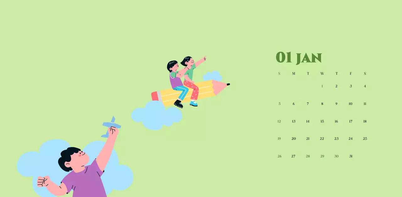 Kalender met jeugdillustraties op een geelgroene achtergrond