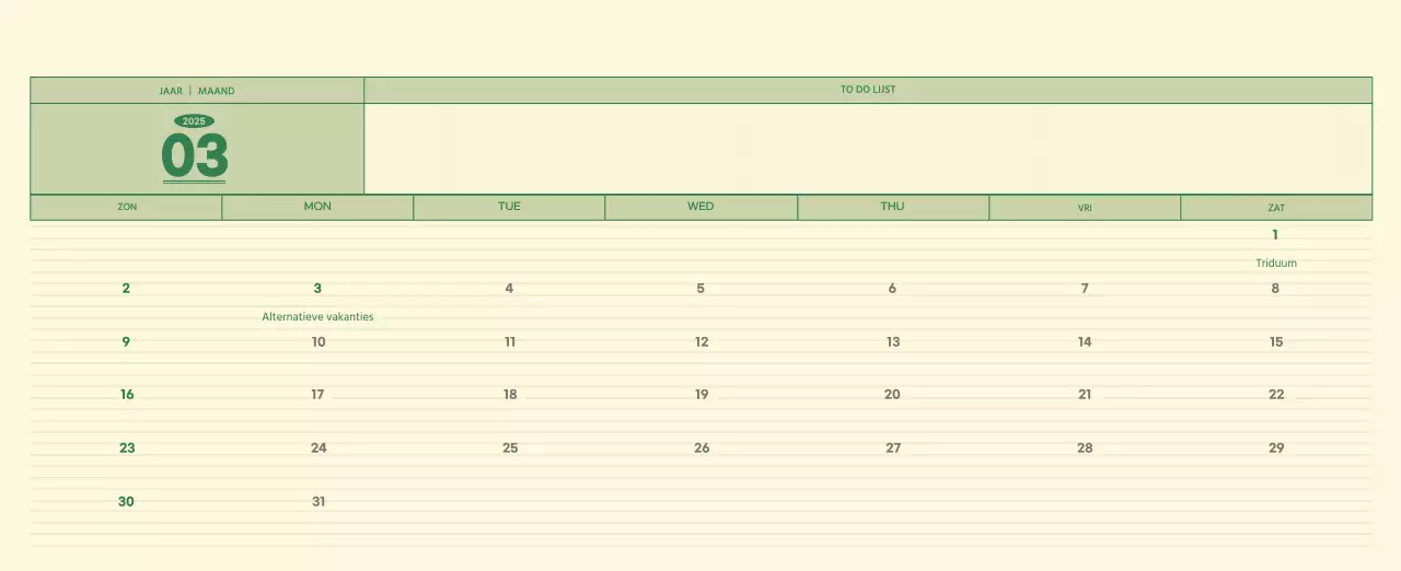 SAT D-Day notitieblok concept wandkalender in groen en lichtgeel