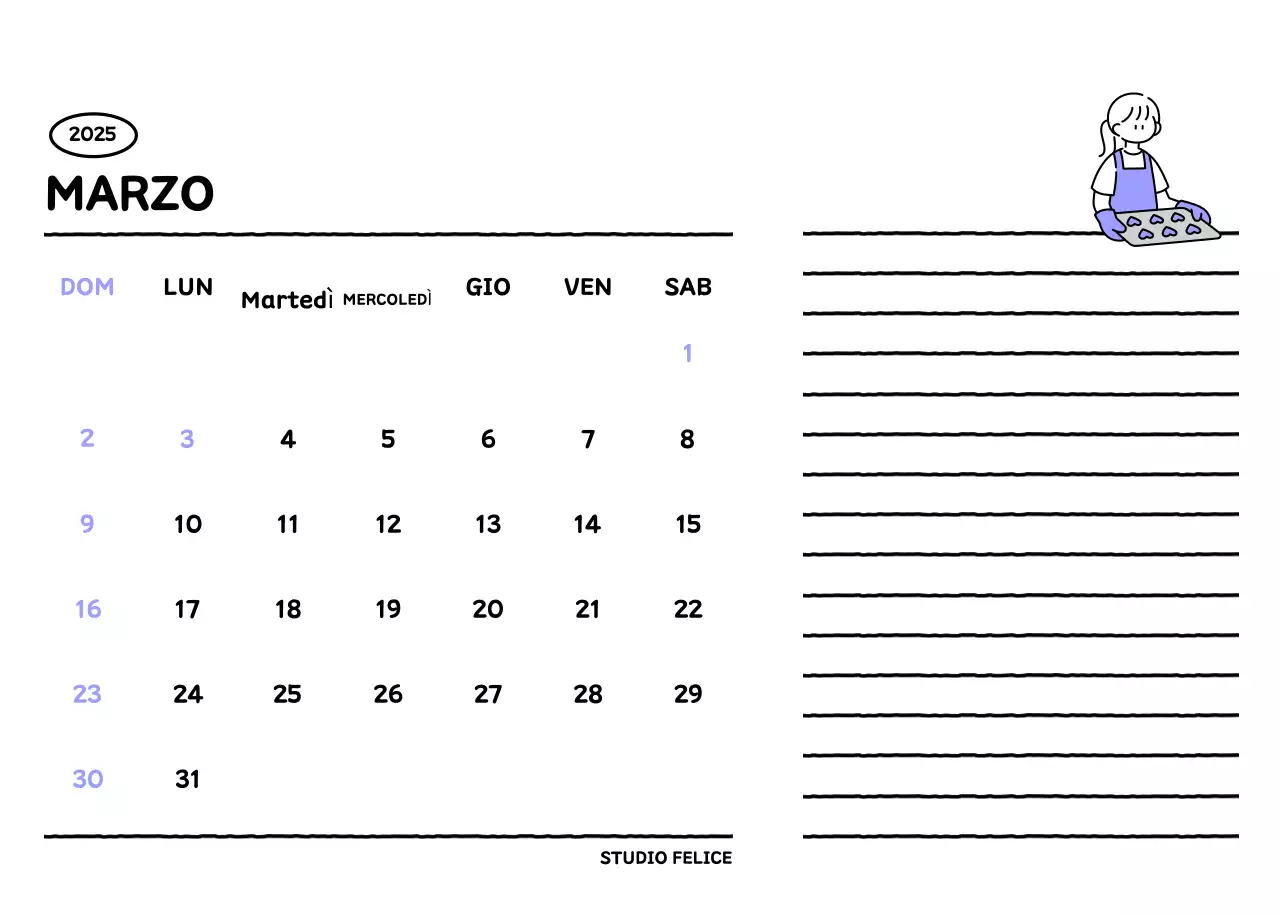 Calendario illustrato con un grazioso stile di linee