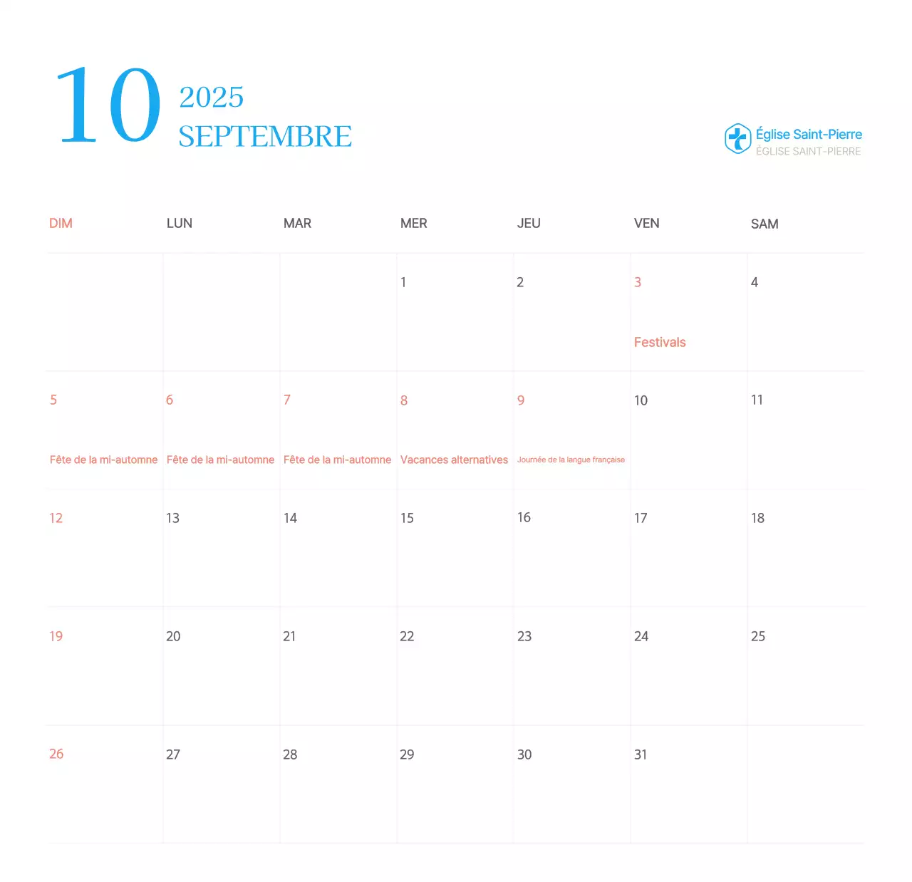 Calendrier d'église moderne bleu