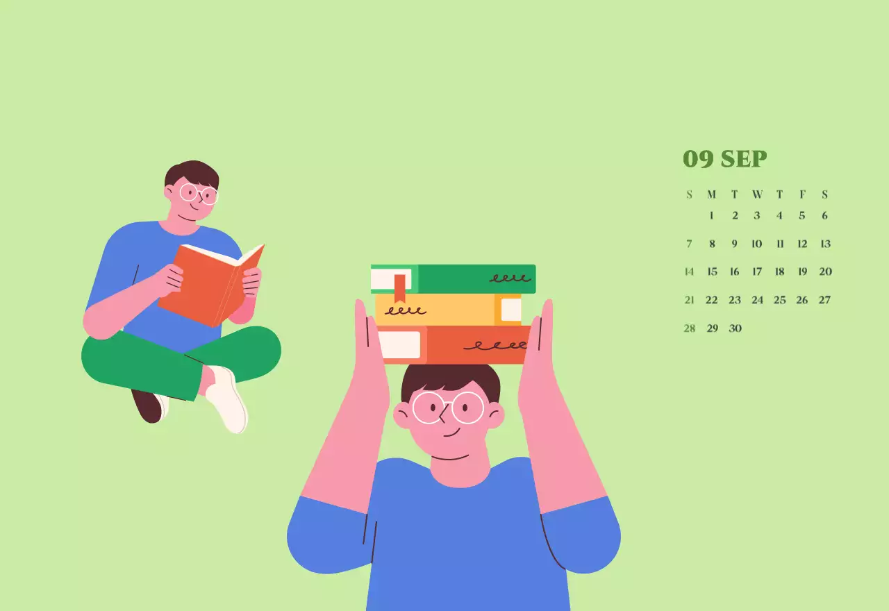 Calendrier avec illustrations de jeunes sur fond jaune-vert