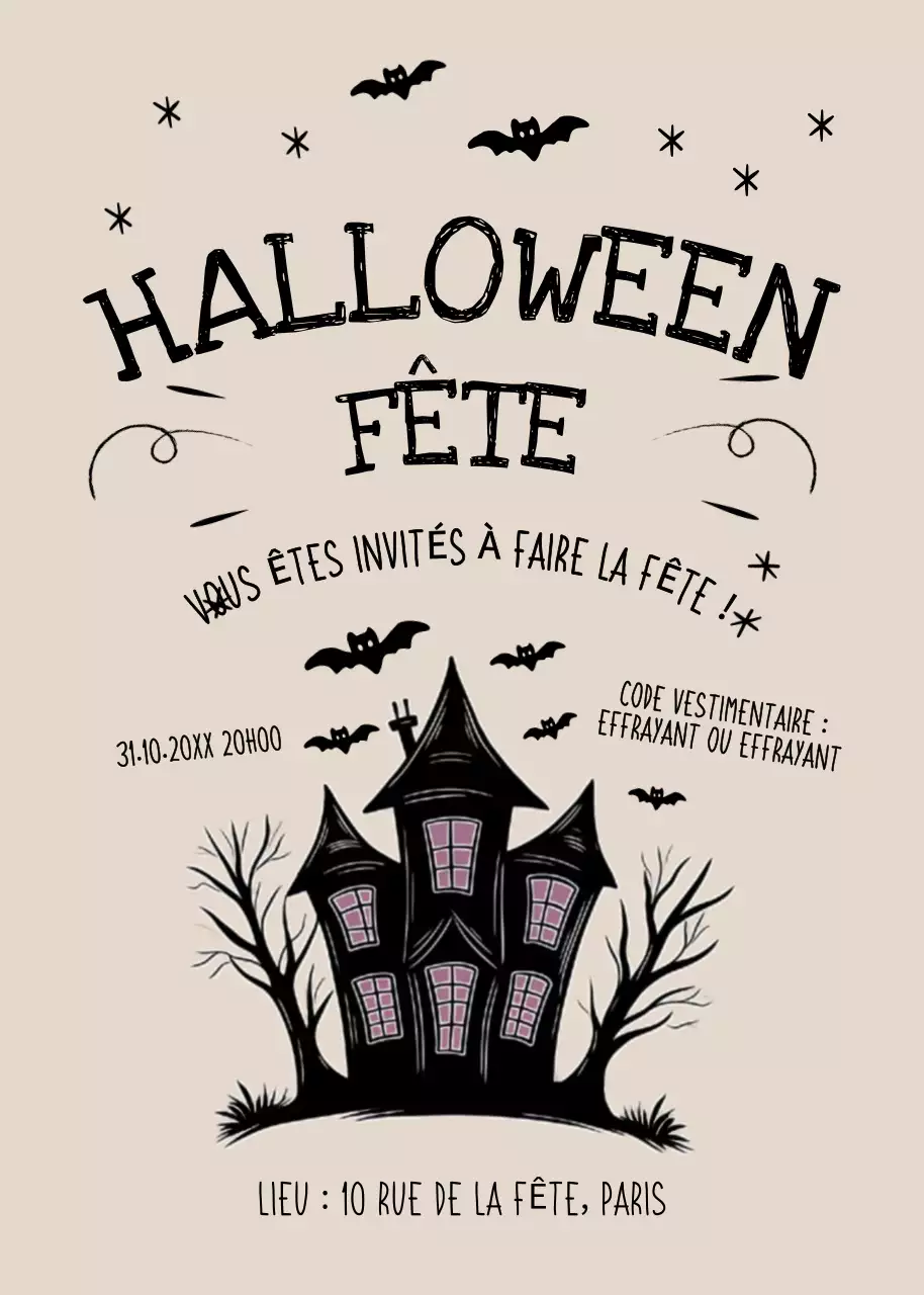 Invitation à la fête d'Halloween en beige et noir