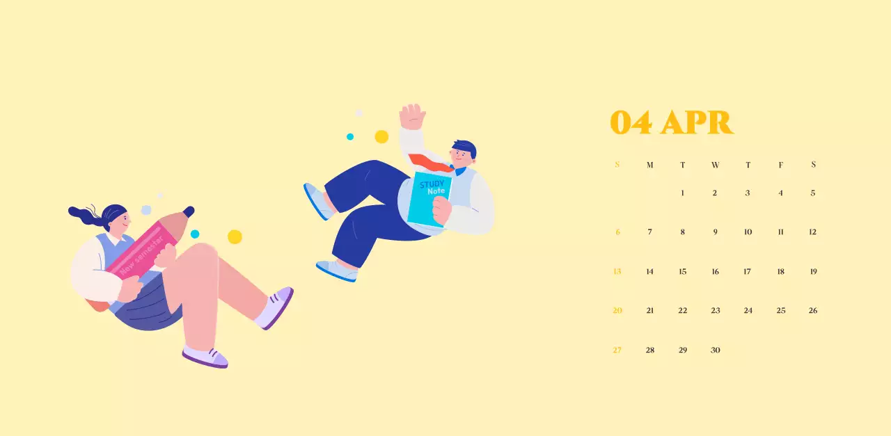 Kalender met jeugdillustraties op een geelgroene achtergrond