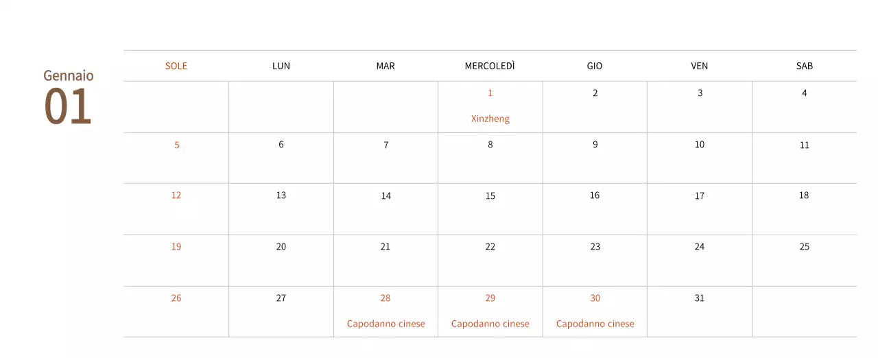 Calendario di Capodanno con una calda illustrazione