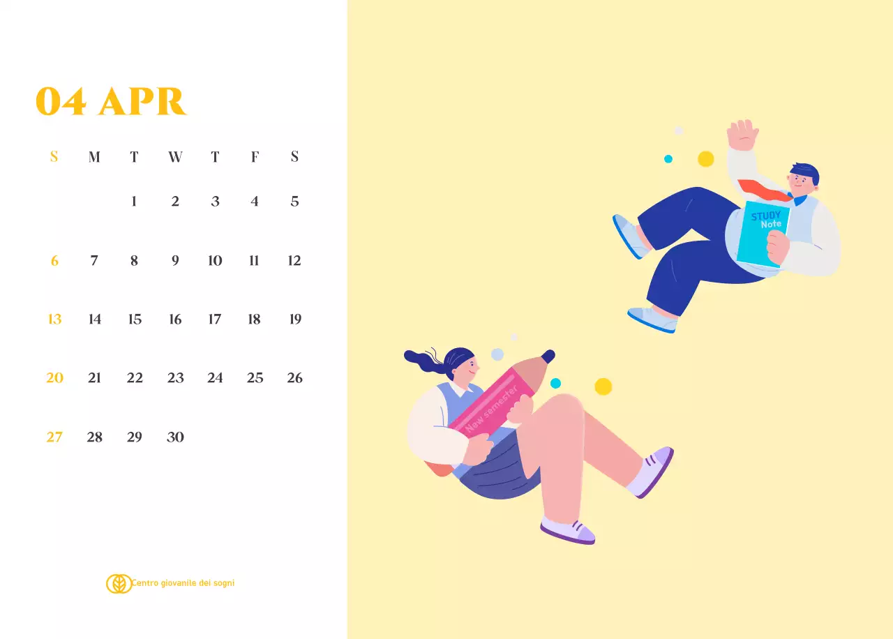 Calendario con illustrazioni giovanili su sfondo giallo-verde