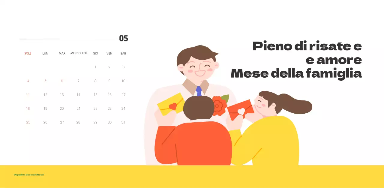 Un ospedale festivo con illustrazioni a tema salute e famiglia e accenti colorati