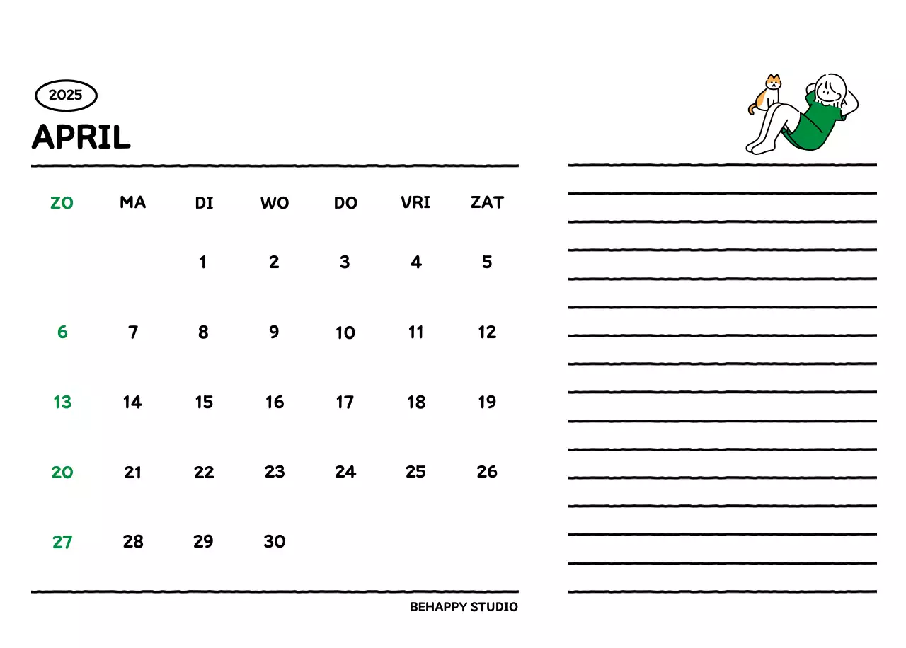 Geïllustreerde kalender met een mooie lijnstijl