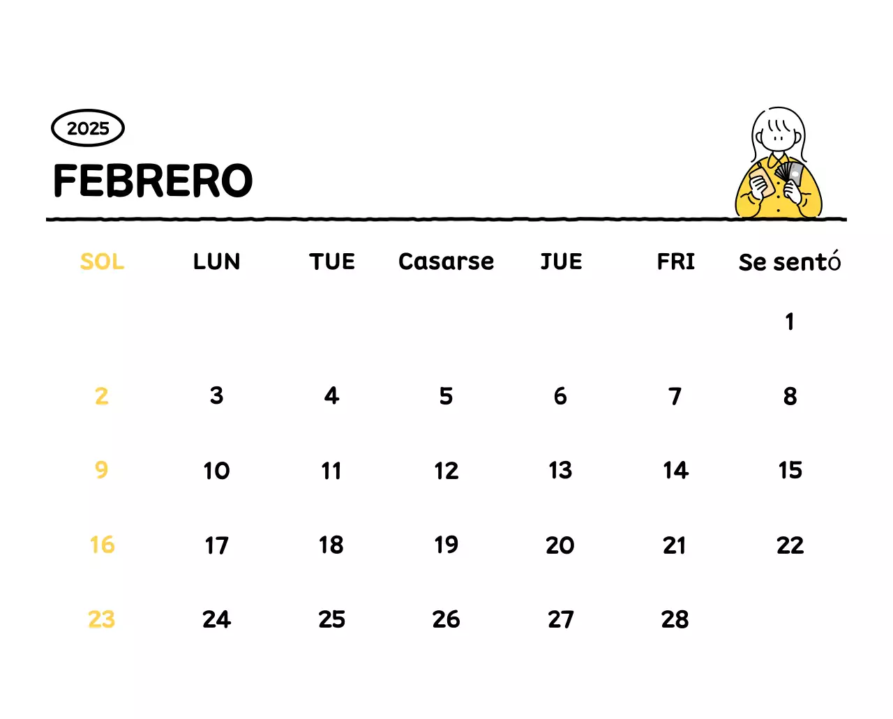 Calendario ilustrado con un bonito estilo de líneas