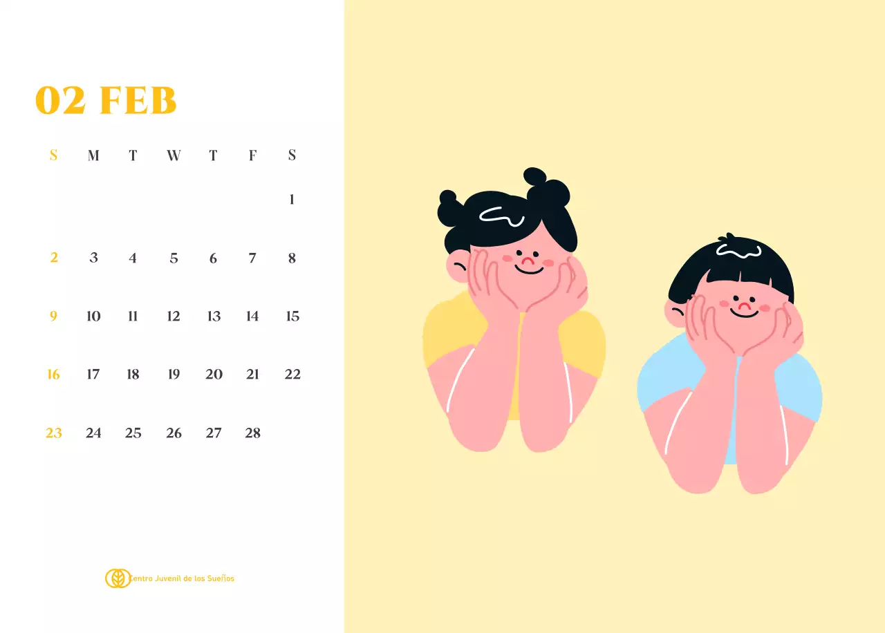 Calendario con ilustraciones juveniles sobre fondo amarillo verdoso