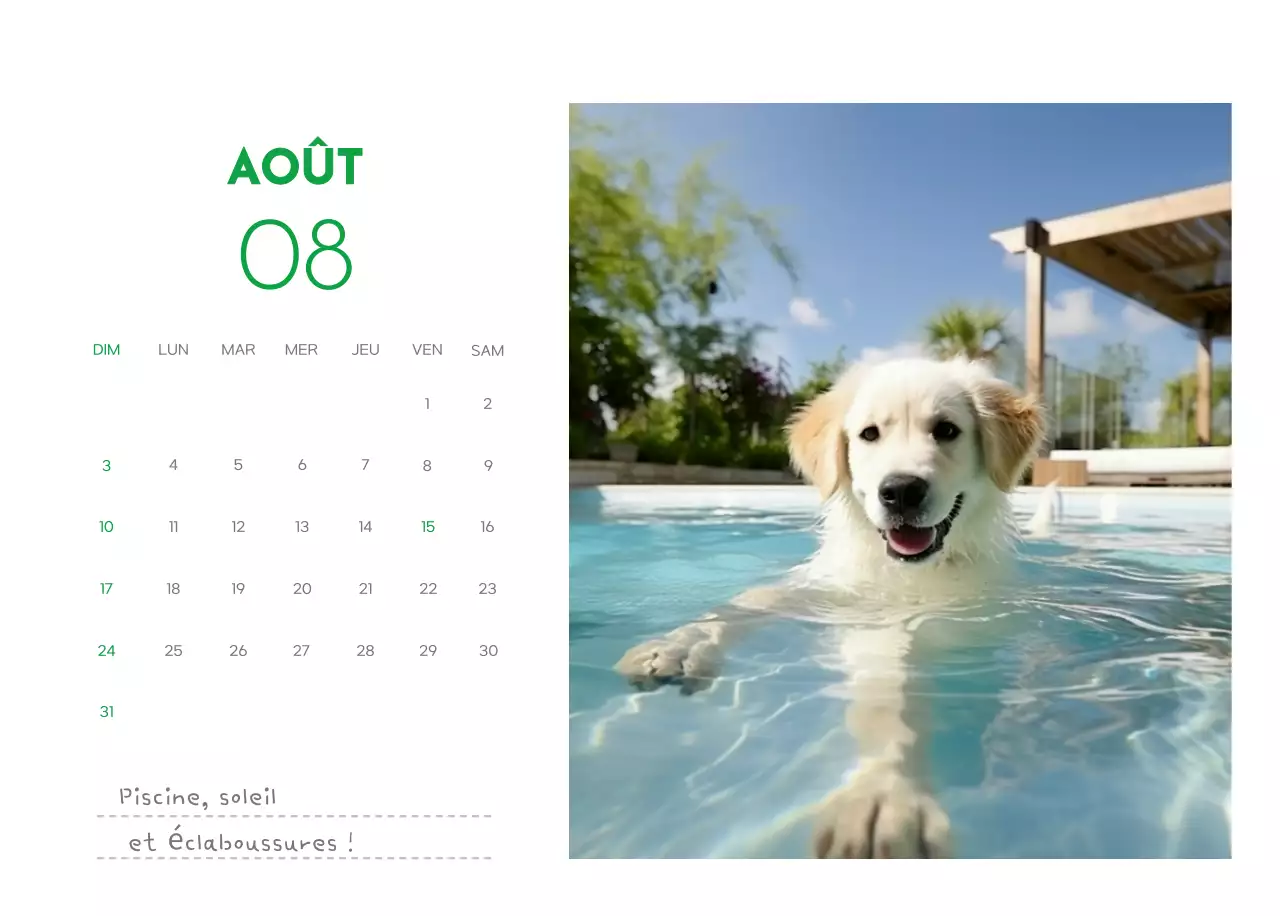 Un calendrier avec une photo de chiot et un message mignon dans une couleur verte.