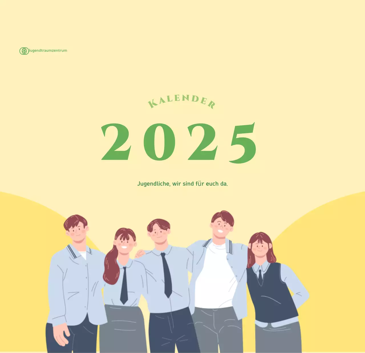 Kalender mit Jugendillustrationen auf gelb-grünem Hintergrund