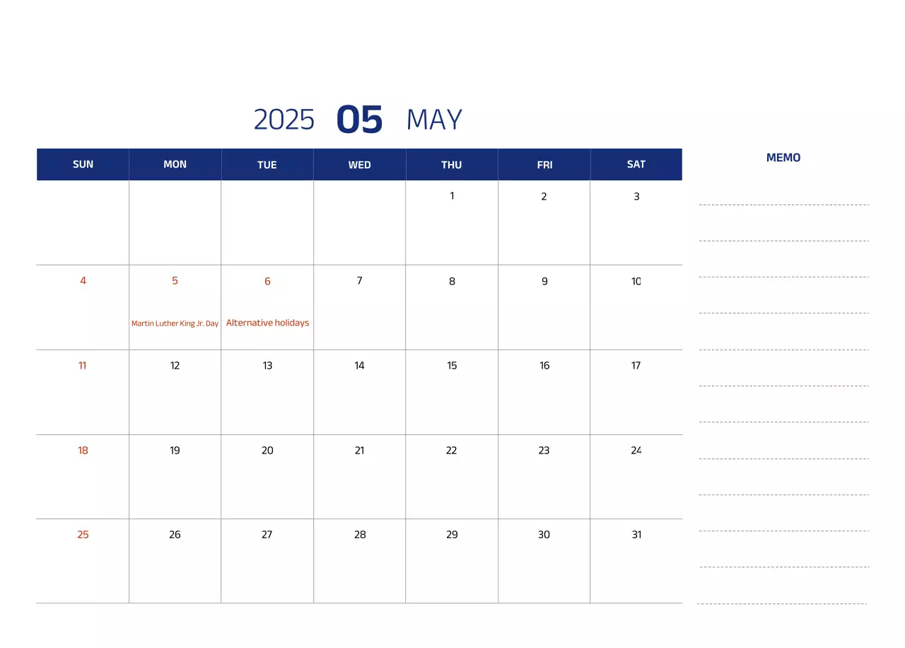 Simple calendar with blue, clean illustrations