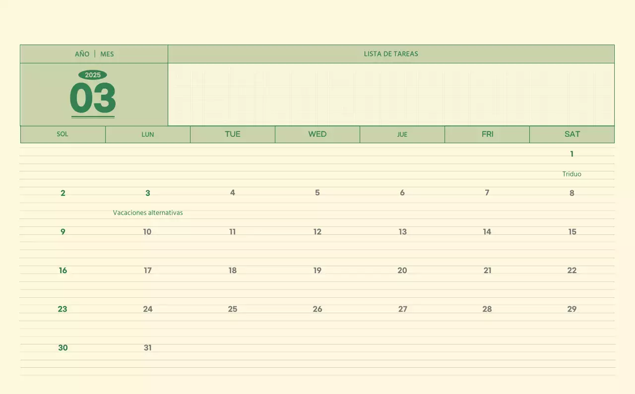 SAT Calendario de pared con concepto de bloc de notas del Día D en verde y amarillo claro