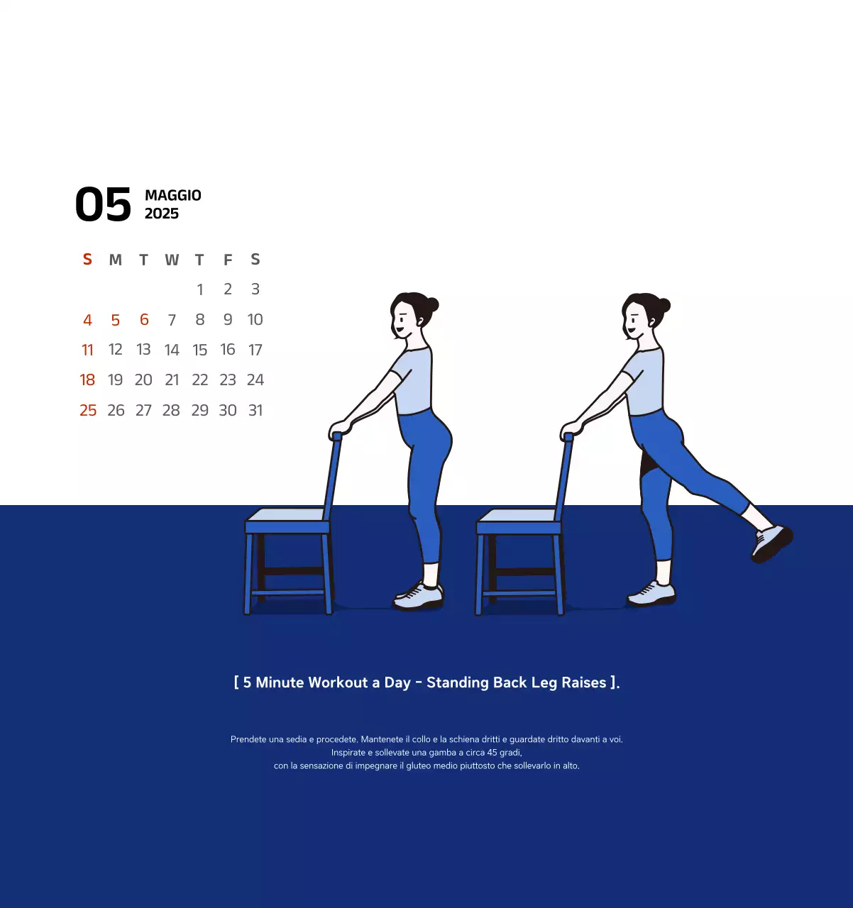 Calendario semplice con illustrazioni blu e pulite