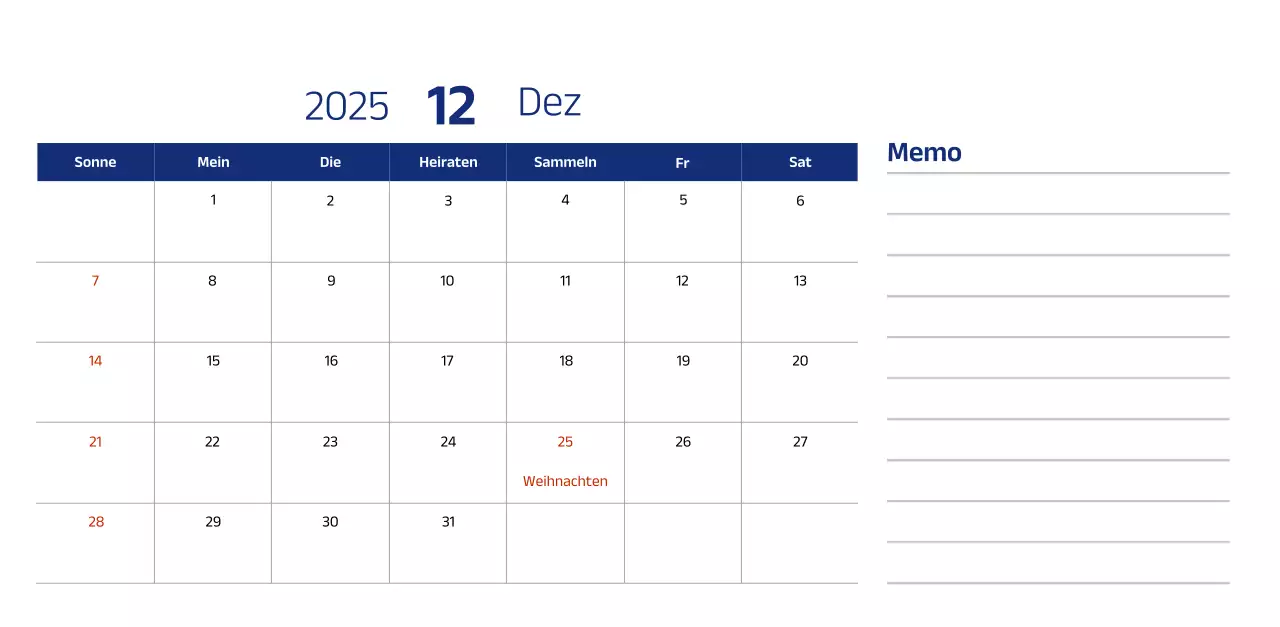 Einfacher Kalender mit blauen, klaren Illustrationen