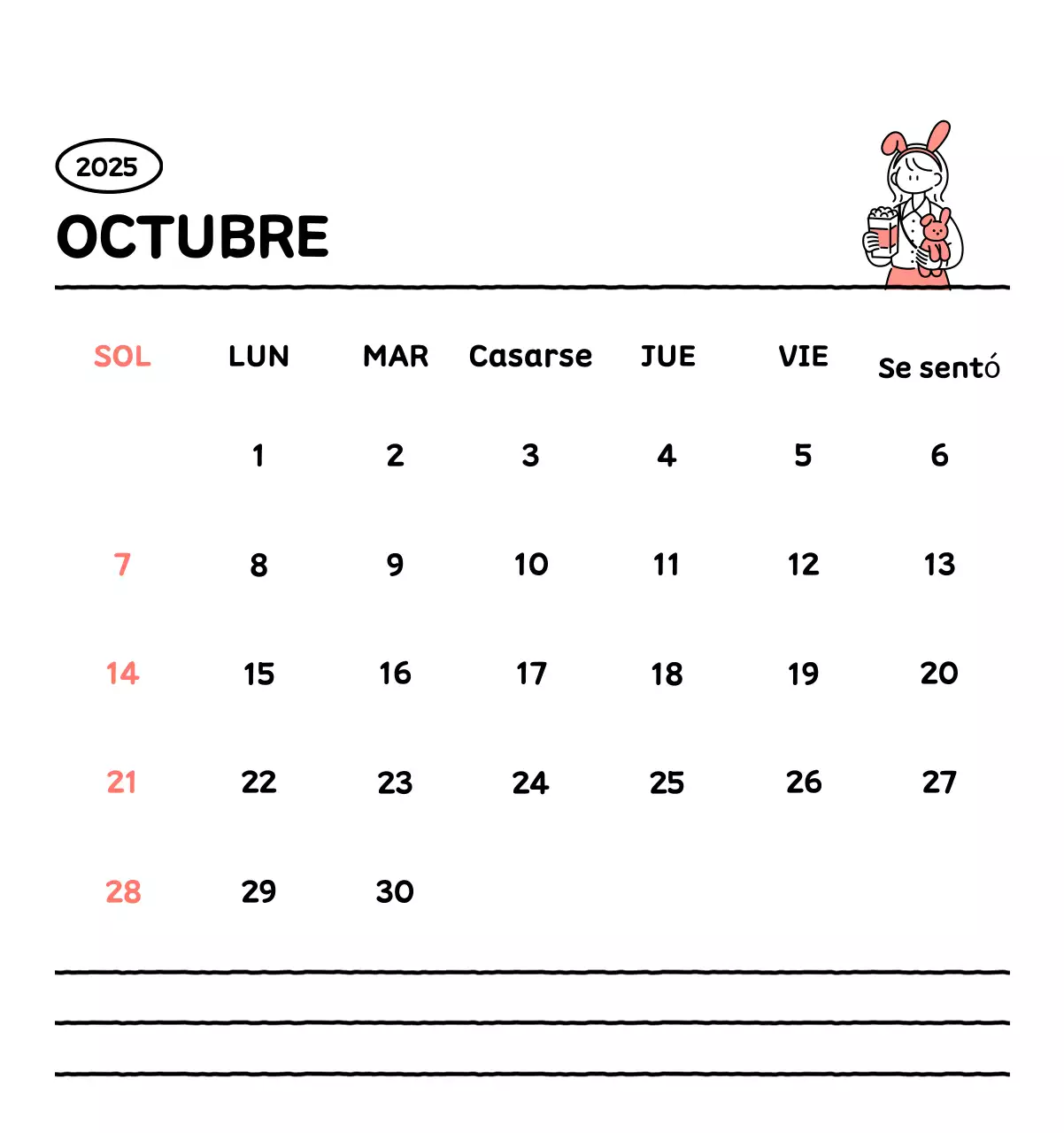 Calendario ilustrado con un bonito estilo de líneas