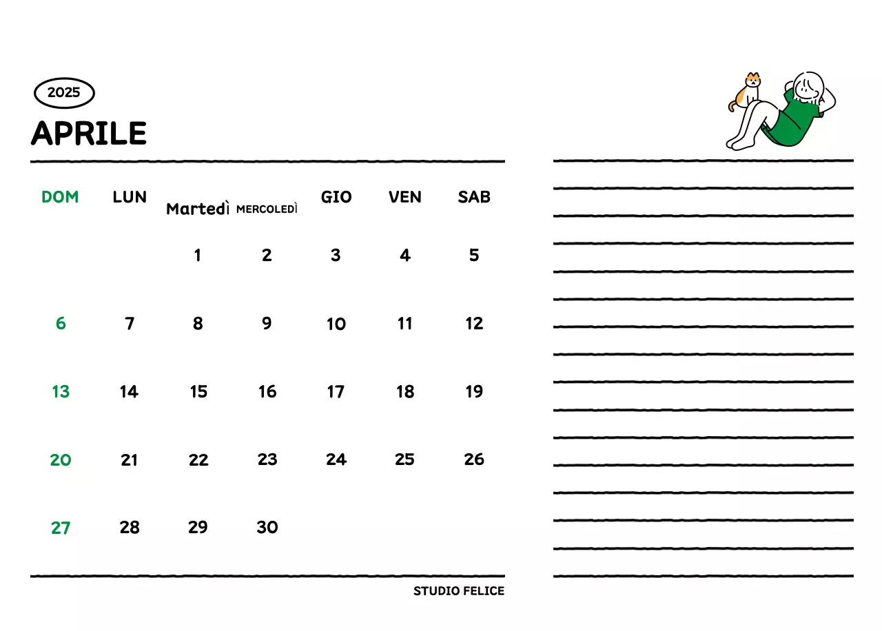 Calendario illustrato con un grazioso stile di linee