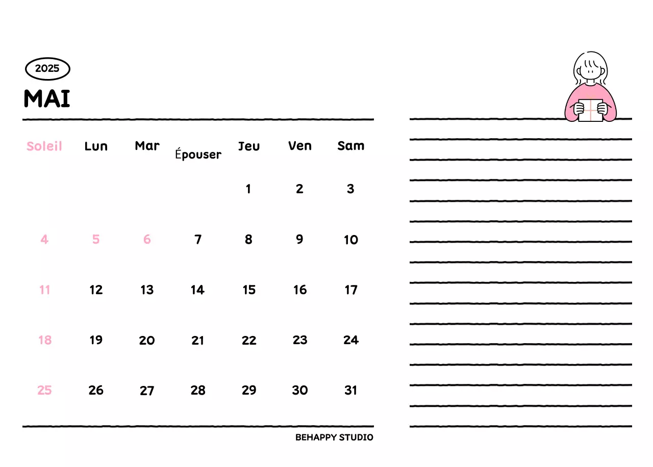 Calendrier illustré avec un joli style de lignes