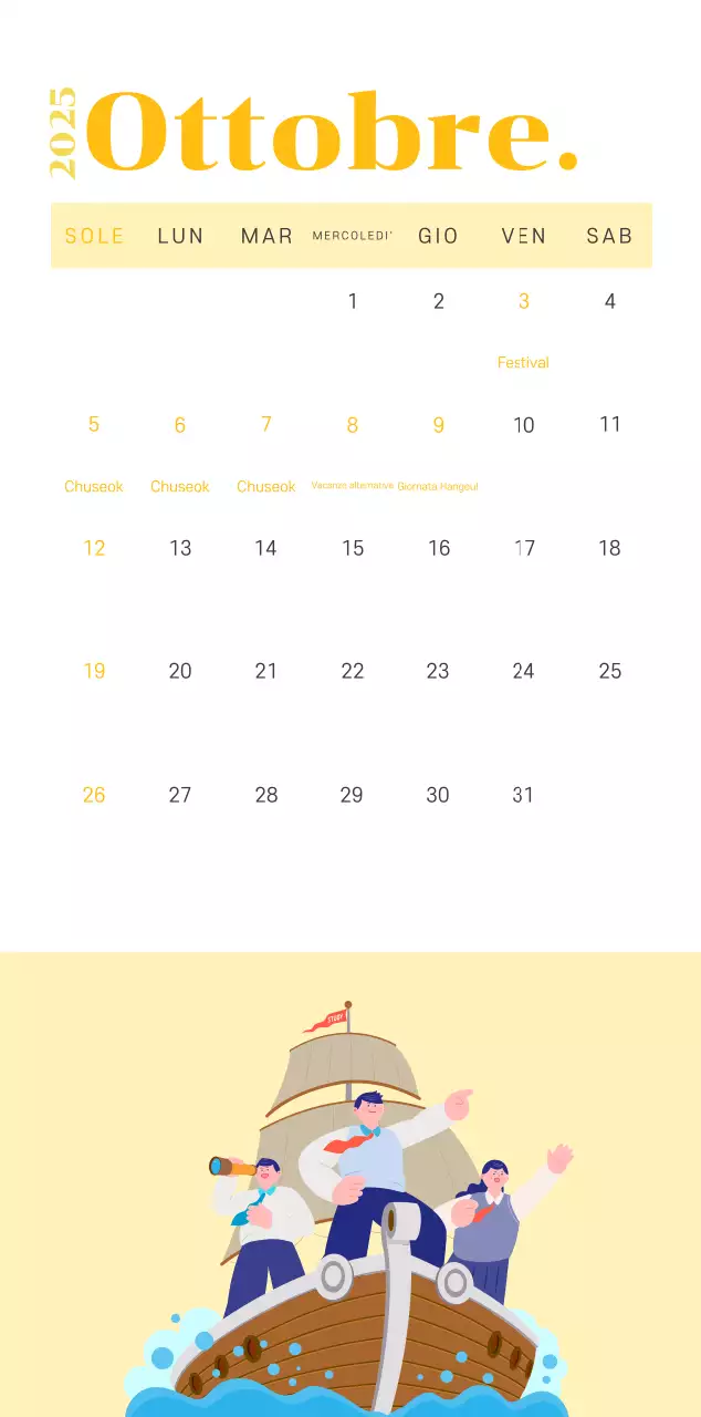 Calendario con illustrazioni giovanili su sfondo giallo-verde