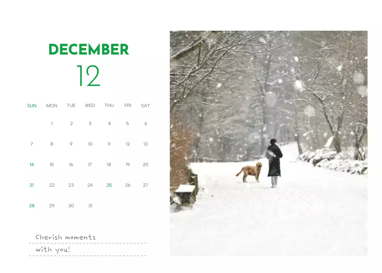 A calendar with a puppy photo and cute message in a green accent color