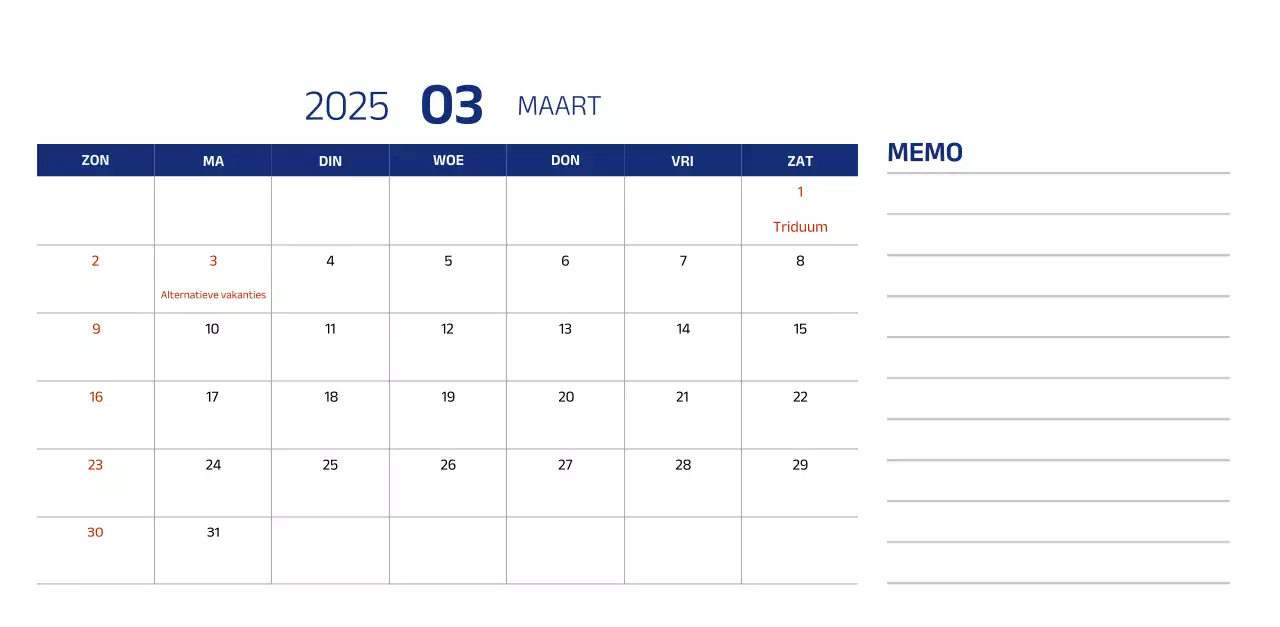 Eenvoudige kalender met blauwe, strakke illustraties