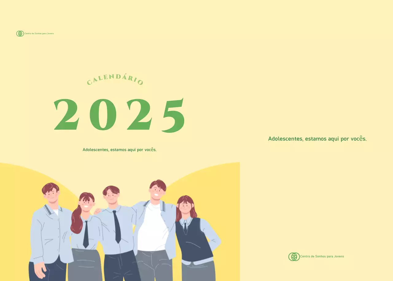 Calendário com ilustrações de jovens num fundo amarelo-verde