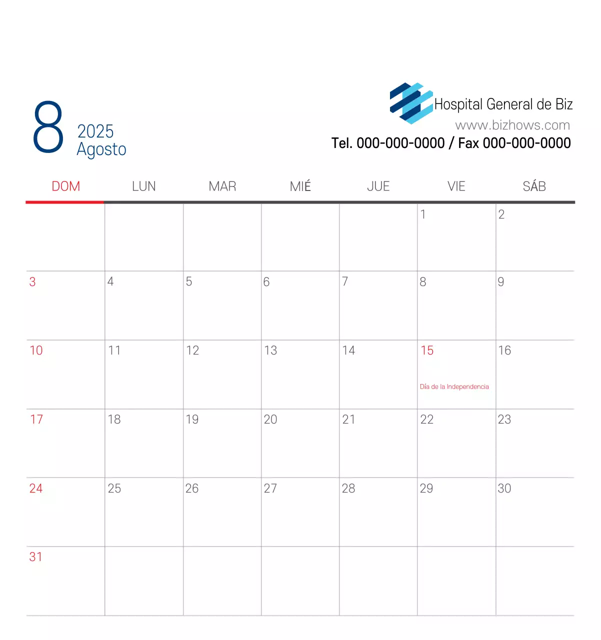 Calendario promocional Hospital Navy White Simple