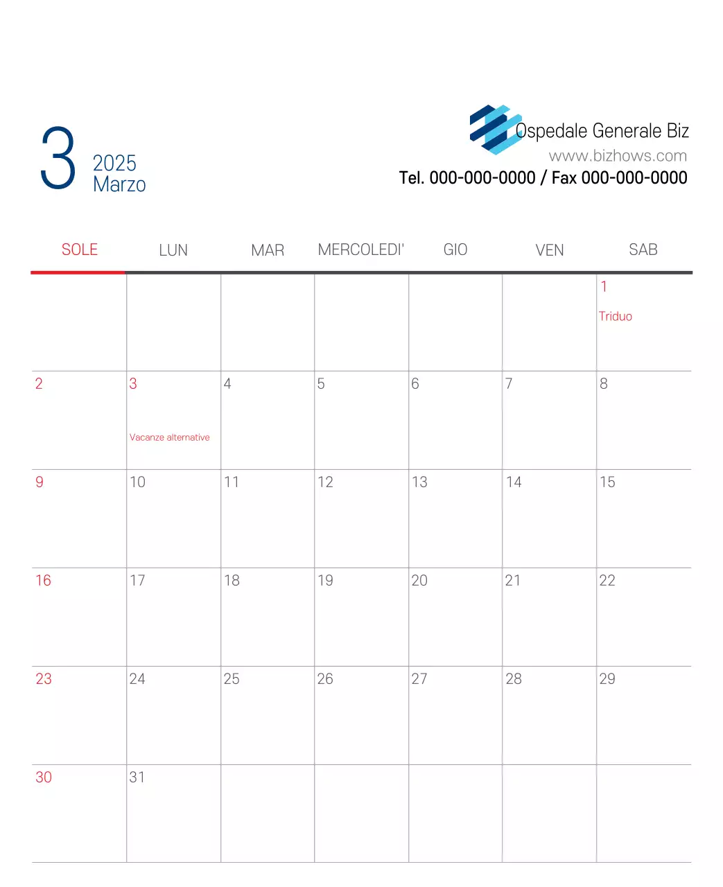 Calendario promozionale dell'ospedale semplice, bianco e blu
