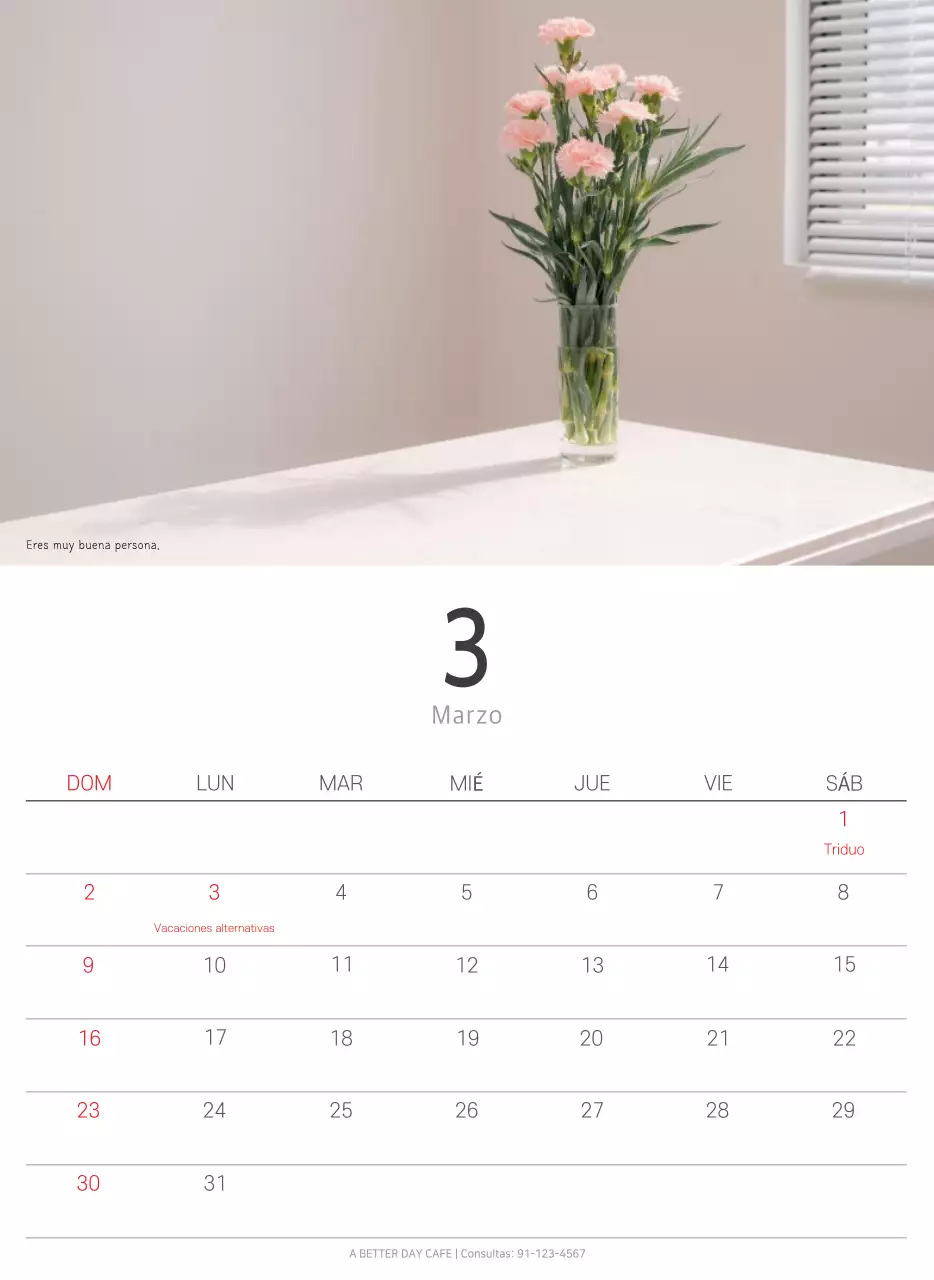 Calendario blanco de naturaleza botánica limpia