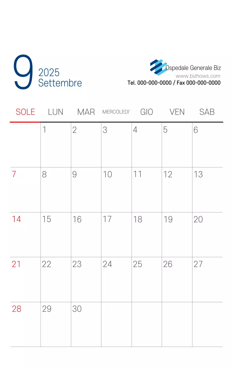 Calendario promozionale dell'ospedale semplice, bianco e blu