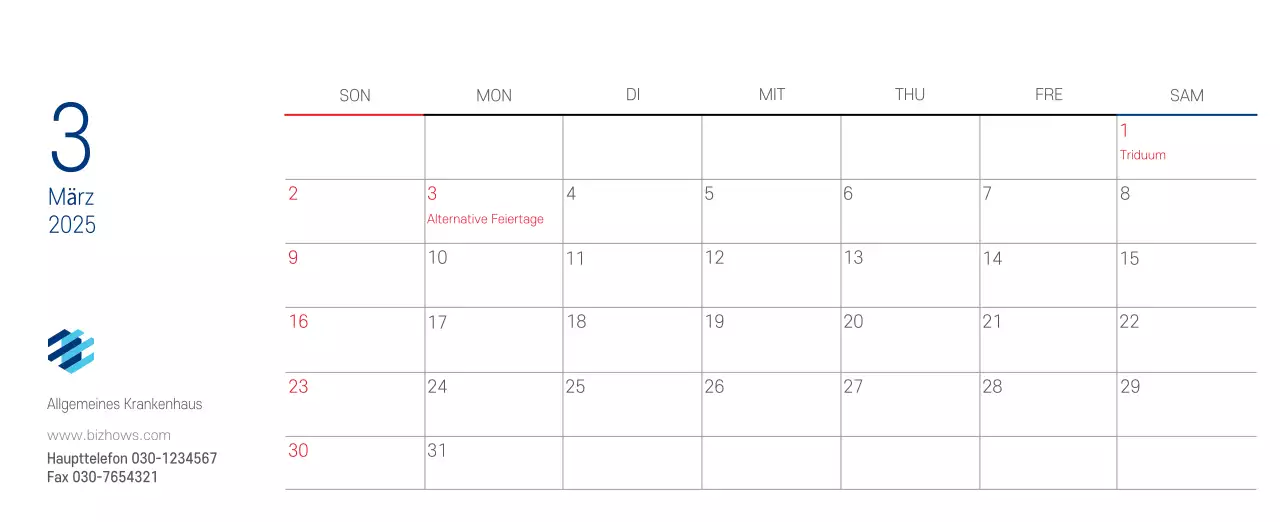 Marineblauer einfacher Krankenhaus-Werbekalender