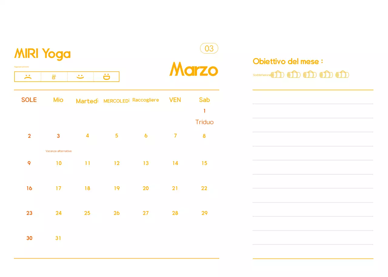Calendario promozionale arancione dello yoga minimalista