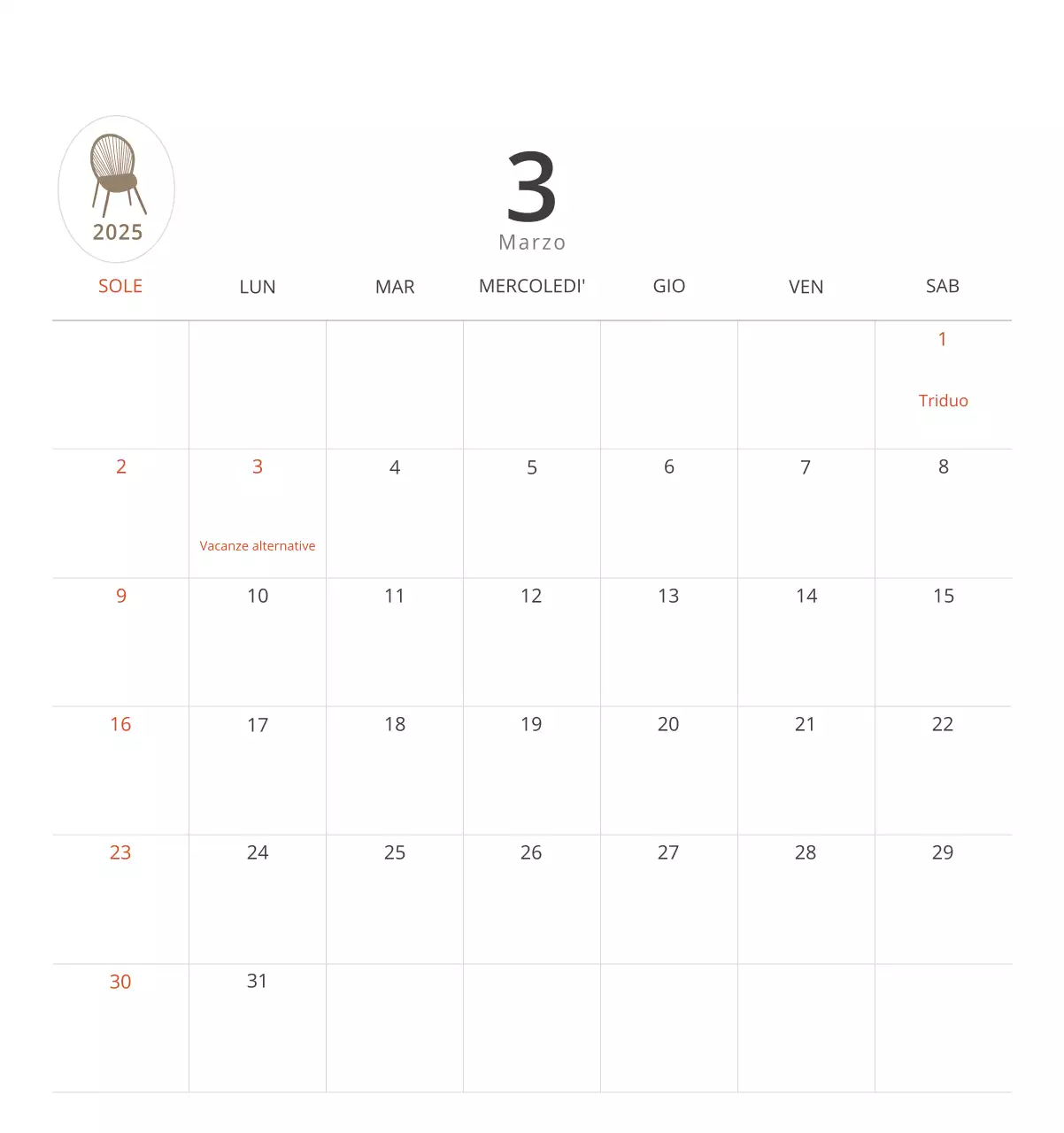 Calendario interno minimalista beige