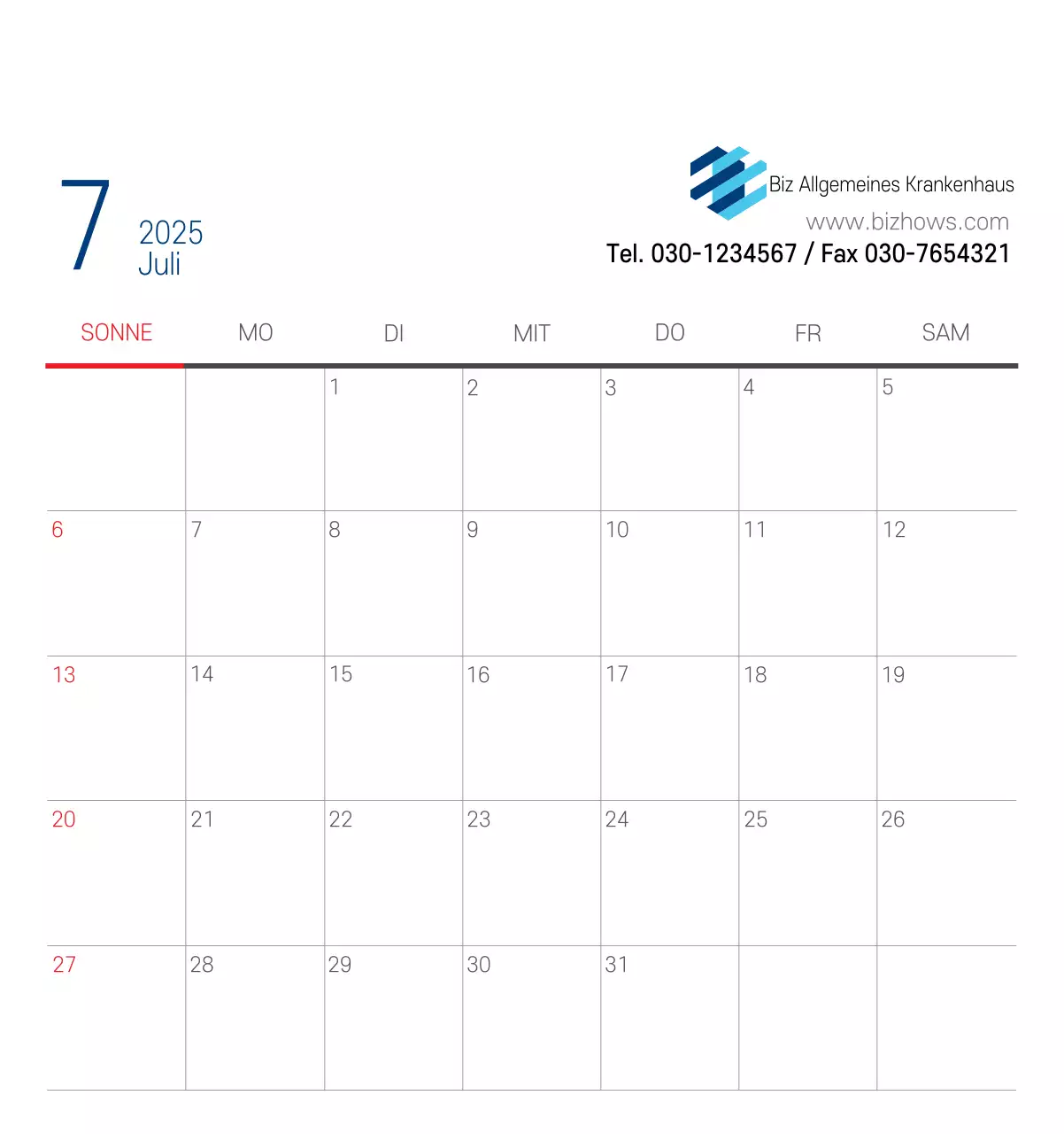 Marineblauer einfacher Krankenhaus-Werbekalender