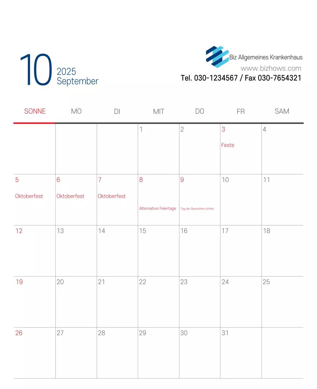 Marineblauer einfacher Krankenhaus-Werbekalender