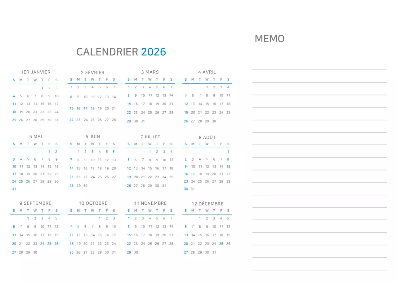 Calendrier minimaliste bleu Promotions d'entreprise