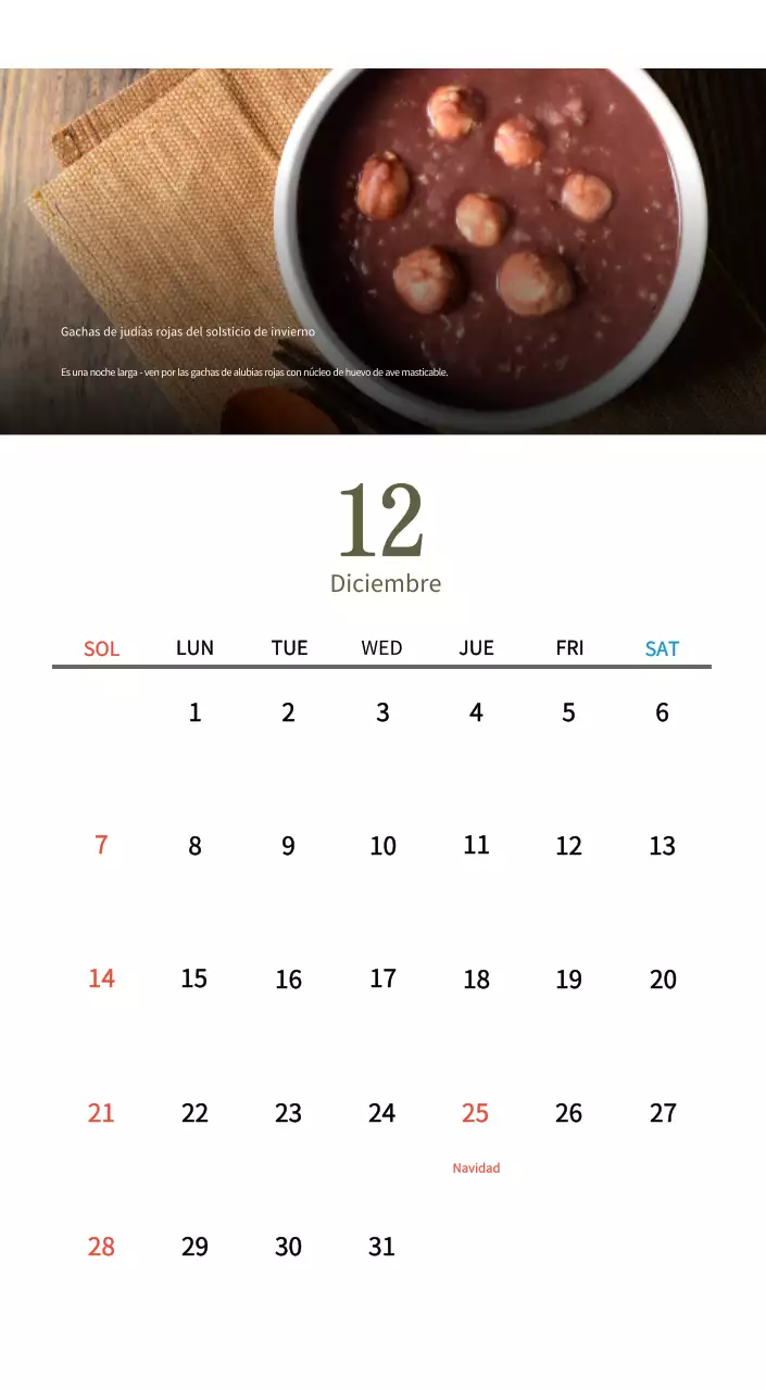 Calendario de comidas tradicionales en beige