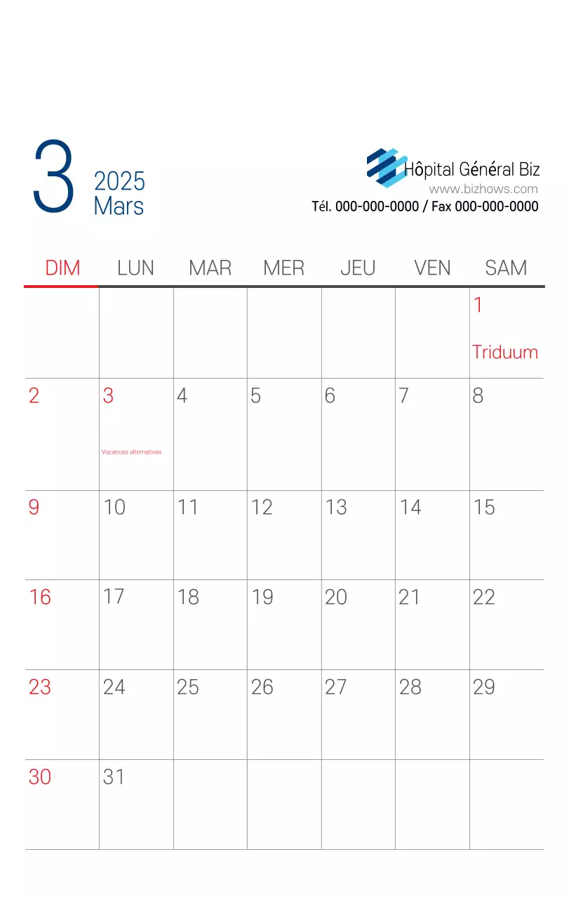 Calendrier promotionnel d'hôpital simple blanc marine